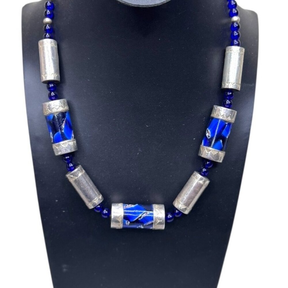 Cobalt Blue Art Glass Beaded Necklace Sterling Silver Barrel Beads 19" Lampwork
